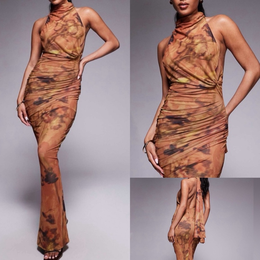 ASOS- printed mesh halter maxi tie back neck burnt orange, tan, brown floral